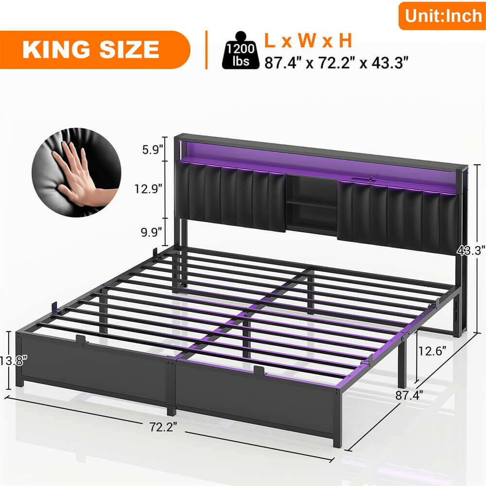 Unikito King Bed Frame with Charging Station & Led Lights, Platform Bed with Leather Upholstered Headboard and Storage, Metal Slats Support, No Box Spring Needed, Noise-Free, Easy Assembly