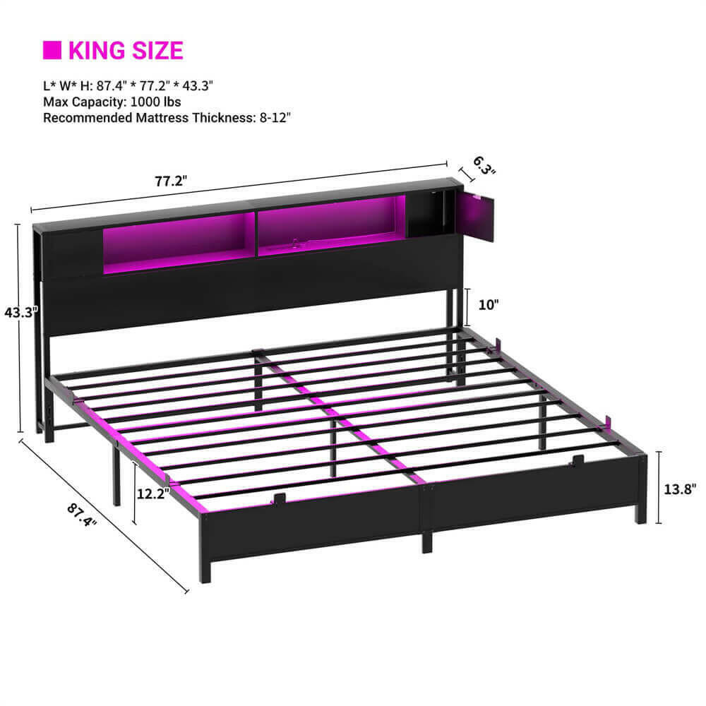 Unikito King Size Bed Frame with Storage Headboard and Charging Station, Industrial Platform Metal Bed with LED Lights, Steel Slat Support, No Box Spring Needed, Noise-Free, Easy Assembly