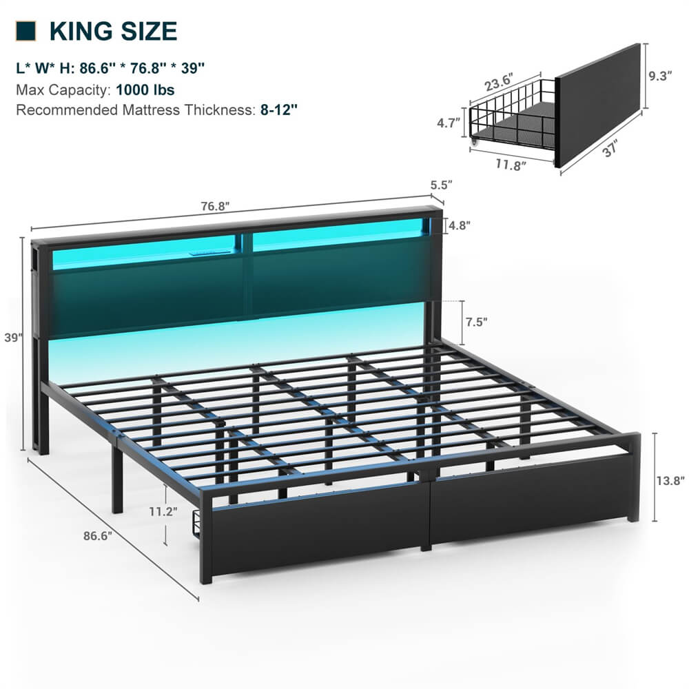 Unikito King Size Bed Frame with 2 Storage Drawers, Industrial Metal Platform Bed with Charged Headboard and LED lights, No Box Spring Needed, Noise-Free, Easy Assembly