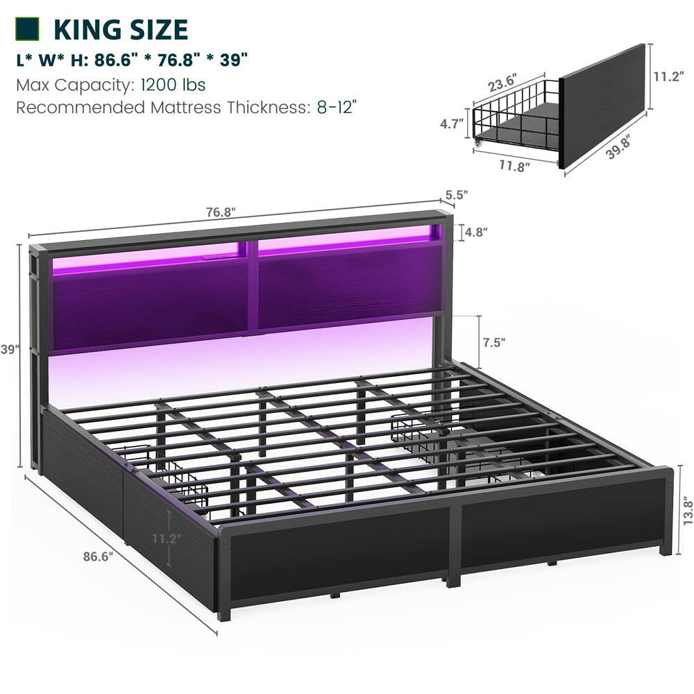 Unikito King Size Bed Frame with 4 Storage Drawers and Charging Station, Sturdy Platform Bed with Storage Headboard and LED Light, No Box Spring Needed, Easy Assembly