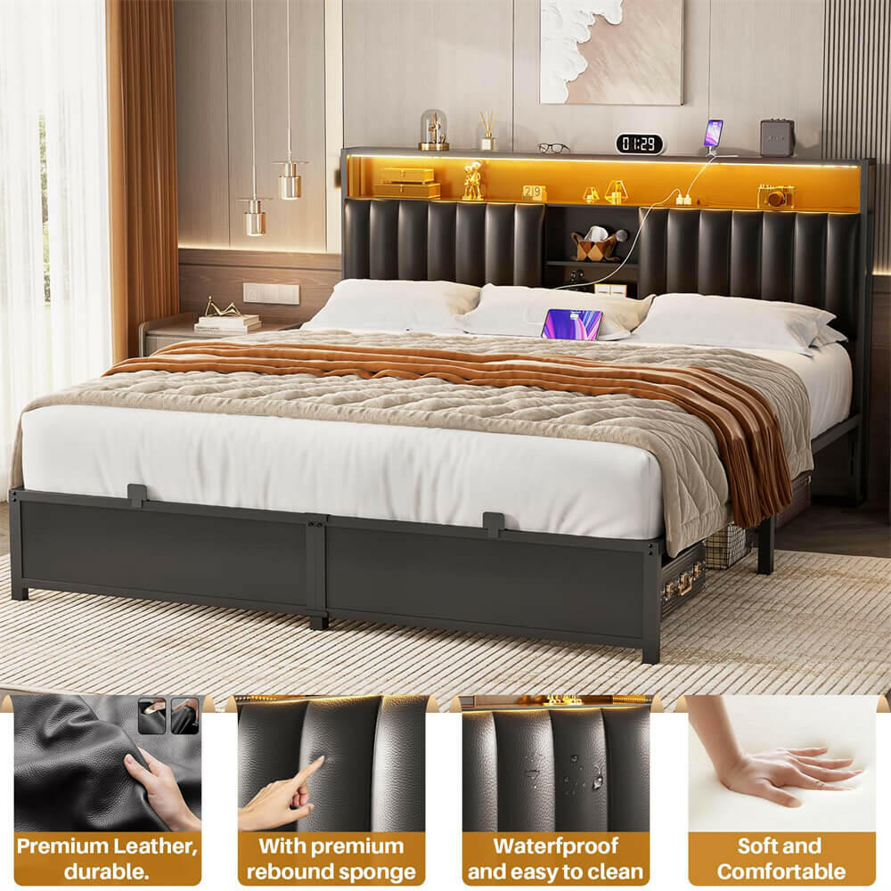 Unikito King Bed Frame with Charging Station & Led Lights, Platform Bed with Leather Upholstered Headboard and Storage, Metal Slats Support, No Box Spring Needed, Noise-Free, Easy Assembly