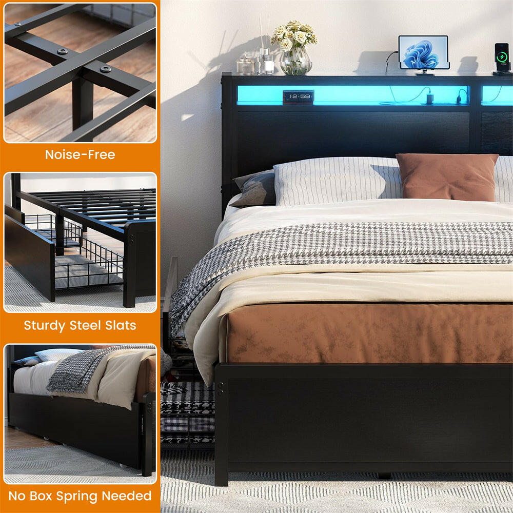 Unikito King Size Bed Frame with 4 Storage Drawers and Charging Station, Sturdy Platform Bed with Storage Headboard and LED Light, No Box Spring Needed, Easy Assembly