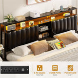 Unikito King Bed Frame with Charging Station & Led Lights, Platform Bed with Leather Upholstered Headboard and Storage, Metal Slats Support, No Box Spring Needed, Noise-Free, Easy Assembly