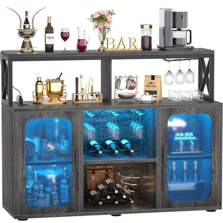 Unikito Bar Cabinet with Power Outlet, Liquor Cabinet with Led Lights and Glass Holders, Storage Buffet Cabinet Coffee Bar Cabinet for Liquor, Wine Cabinet with Racks for Home, Kitchen