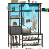 Unikito Hall Tree with Storage Bench, Coat Rack with LED Lights, 5-Tier Shelves, Fabric Storage Basket, Side Hooks, 71’’ Industrial 5 in 1 Large Organizer, Sturdy Metal Frame