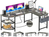 Unikito L Shaped Desk with Power Outlet, 98.4" Reversible Corner Computer Table with Storage Shelves and Bag, Modern 2 Person Large Long Desk for Home Office Writing Study Workstation