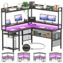 Unikito L Shaped Gaming Desk with Led Light, Reversible Computer Desk with Storage Shelves & Monitor Stand, L Shaped Desk with Power Outlet, Industrial 2 Person Corner Desk for Home Office