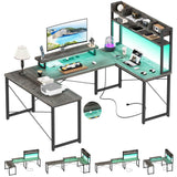 Unikito U Shaped Desk with Hutch, Reversible L Shaped Computer Desk with Power Outlets and LED Strip, Large Office Table with Monitor Stand, Large U Shape Gaming Desk