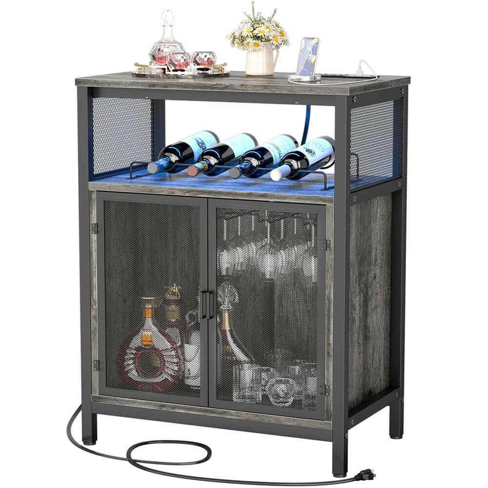 Unikito Wine Bar Cabinet with RGB Light and Outlet, FreeStanding Wine Rack Table, Liquor Cabinet with Glass Holder, Floor Bar Cabinet for Liquor and Glasses for Home Kitchen Dining Room