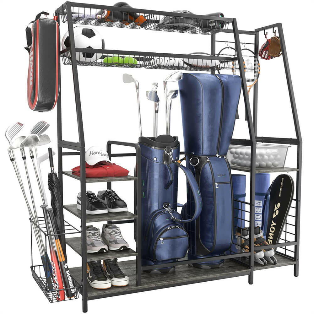 Unikito Golf Storage Garage Organizer Fits for 2 Golf Bags, Large Golf Equipment Storage Rack with Baskets and Hooks, Sturdy Steel Wood Golf Accessories for Clubs, Garage, Basement