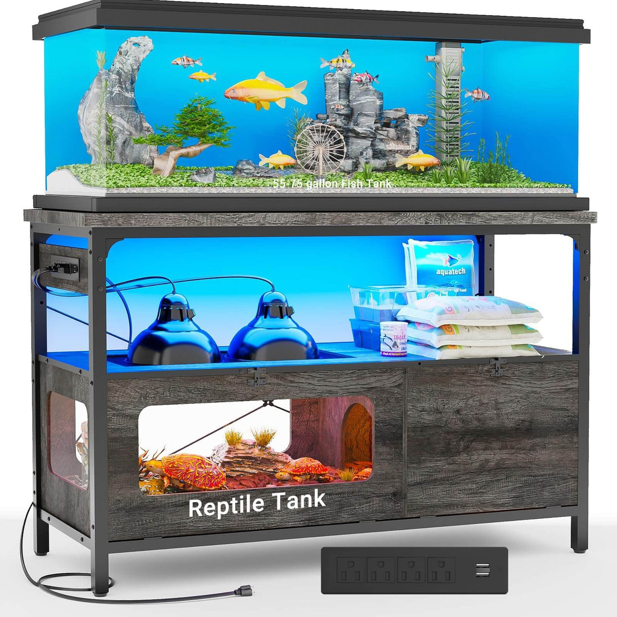 Unikito 55-75 Gallon Fish Tank Stand with LED Light, Aquarium Stand with Outlet and Storage, 49.2" Reptile Terrarium Tank with Lockable Door, Observable Screen and Top Ventilation Mesh