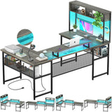 Unikito U Shaped Desk with Hutch, Reversible L Shaped Computer Desk with Power Outlets and LED Strip, Large Office Table with Monitor Stand and Storage Shelves, 83 Inch U Shape Gaming Desk