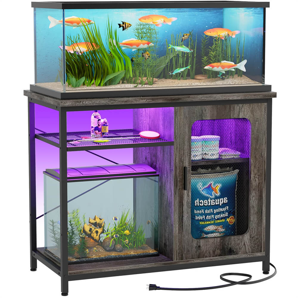 Unikito 20-29 Gallon Fish Tank Stand with Outlets and LED Light, Reversible Metal Aquarium Stand with Cabinet for Fish Tank Accessories Storage, Suitable for Reptile Terrarium, Turtle Tank