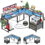 Unikito L Shaped Desk with Power Outlet and LED Strip, Reversible L Shaped Computer Desk with File Drawer, Corner Desk for Gaming Writing, Home Office Desk with Monitor Shelf