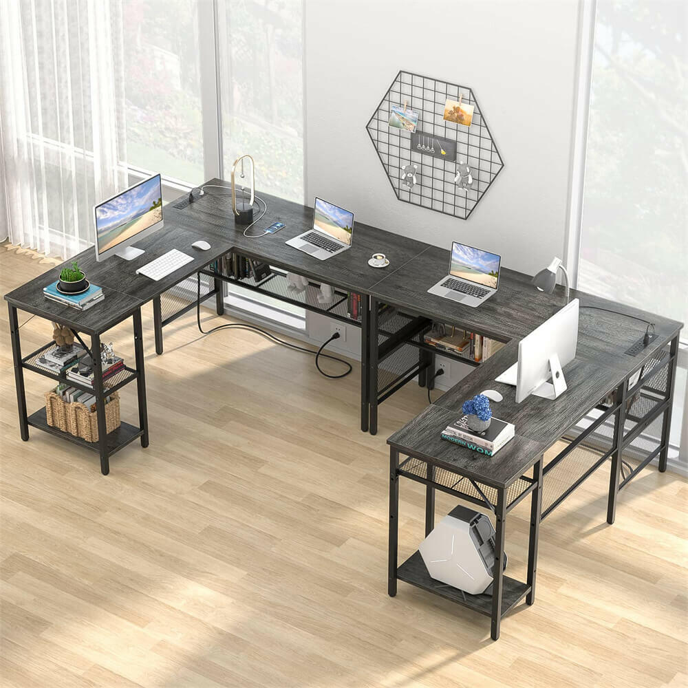 Unikito L Shaped Computer Desk with Power Outlet and USB Charging Port, Reversible L-Shaped Office Desks with Storage Shelves, Unique Grid Design, 2 Person Corner Desk for Home Office