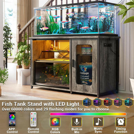 Unikito 55-75 Gallon Aquarium Stand with Power Outlets & LED Light, Reversible Fish Tank Stand with Cabinet for Fish Tank Accessories Storage, Heavy Duty Metal Frame, 880LBS Capacity