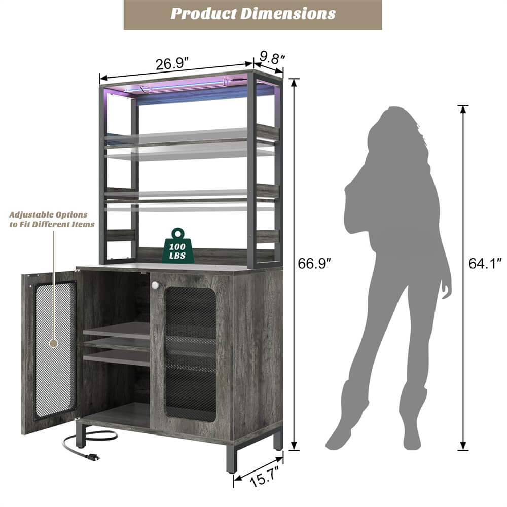 Unikito Tall Wine Bar Cabinet with LED Light and Power Strip, 67'' Standing Liquor Cabinet with Door & Glass Holder, Coffee Bar Cabinet, Bakers Rack Cabinet, for Living Room, Kitchen