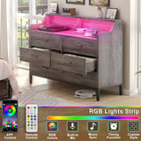 6 Drawer Dresser, Wooden Chest of Drawers with Power Outlets and Smart LED Light, for Bedroom, Living Room