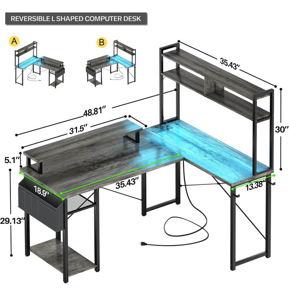 Small L Shaped Computer Desk with LED Lights & Power Outlets, Reversible Design, with Shelf, Side Storage Bag