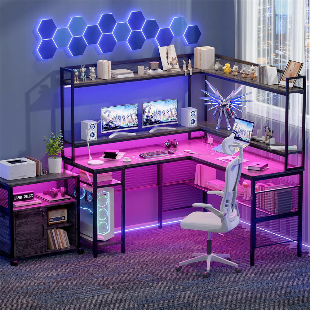 Unikito L-Shaped Desk with Power Outlet and LED Strip, 63” L Shaped Computer Corner Desk with Reversible File Drawer and Monitor Stand, Gaming Table Writing Desk for Home Office Workstation