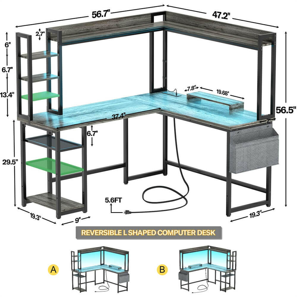 Unikito L Shaped Desk with Power Outlet, L Shaped Gaming Desk with Led Light & Hutch, Reversible Home Office Desk, Corner Computer Desk Writing Desk with Monitor Stand & Storage Shelves