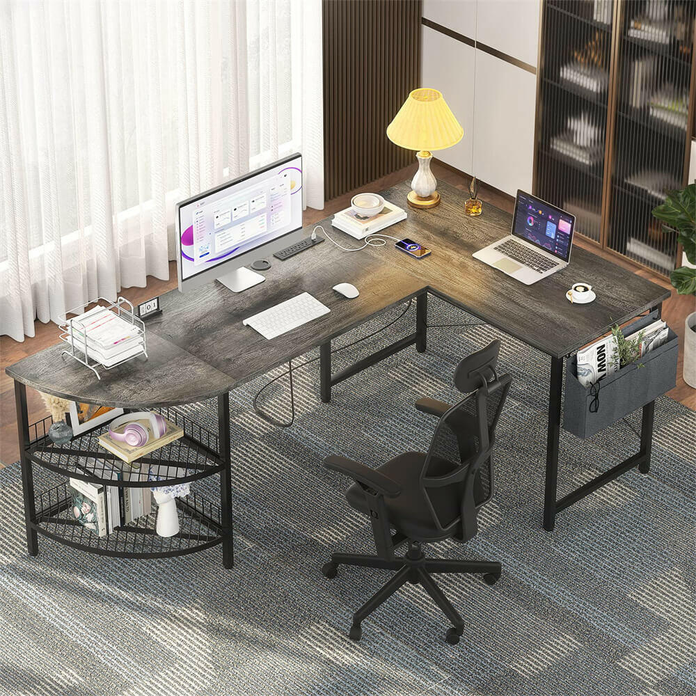 Unikito L Shaped Desk with Power Outlet, 98.4" Reversible Corner Computer Table with Storage Shelves and Bag, Modern 2 Person Large Long Desk for Home Office Writing Study Workstation