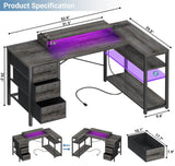 53 Inch L Shaped Computer Gaming Desk with Power Outlets & LED Lights, Corner Desk with 3 Fabric Drawers and Shelves, Reversible