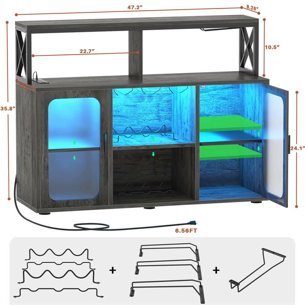 Unikito Bar Cabinet with Power Outlet, Liquor Cabinet with Led Lights and Glass Holders, Storage Buffet Cabinet Coffee Bar Cabinet for Liquor, Wine Cabinet with Racks for Home, Kitchen
