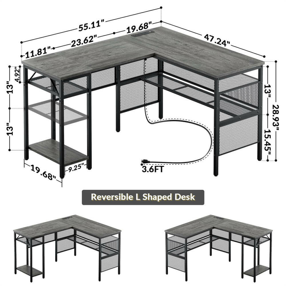 Unikito L Shaped Computer Desk with Power Outlet and USB Charging Port, Reversible L-Shaped Office Desks with Storage Shelves, Unique Grid Design, 2 Person Corner Desk for Home Office