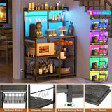 Unikito Bakers Rack with Power Outlet and LED Light Strings, Microwave Oven Stand Kitchen Storage Shelf with Wire Basket, Coffee Bar Station Island Table with 10 Hooks for Spices, Pots