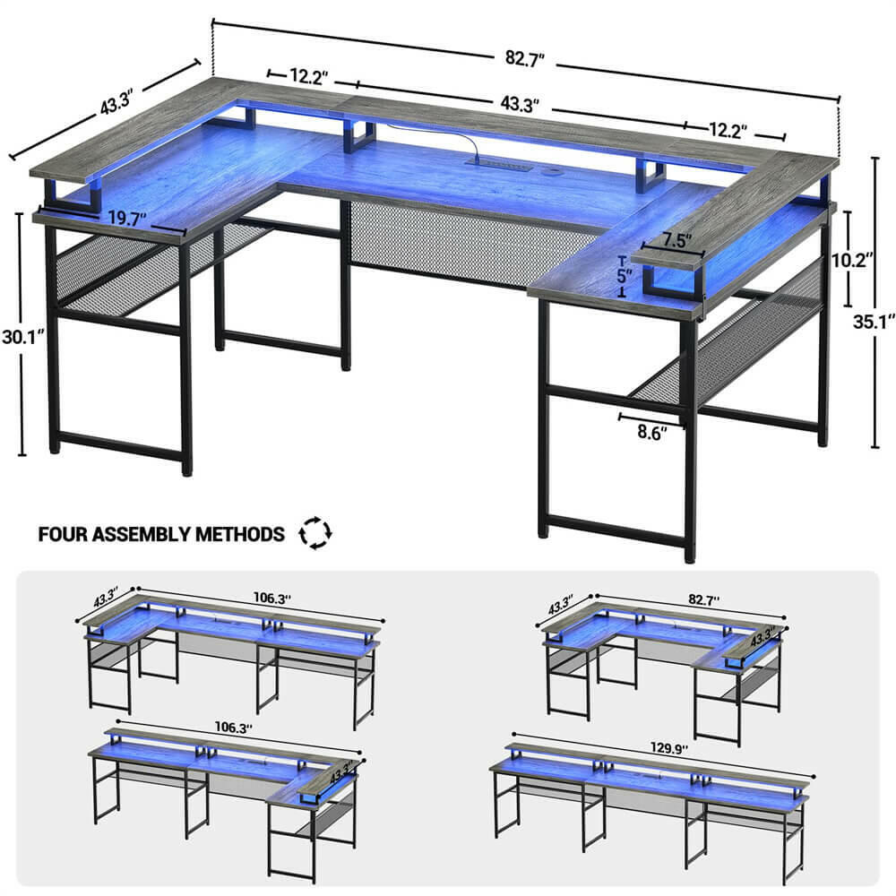 Unikito U Shaped Computer Desks, Reversible Office Desk with LED Strip and Power Outlets, L Shaped Table with Full Monitor Stand and Storage Shelves, 83 Inch Large U- Shape Gaming Desk