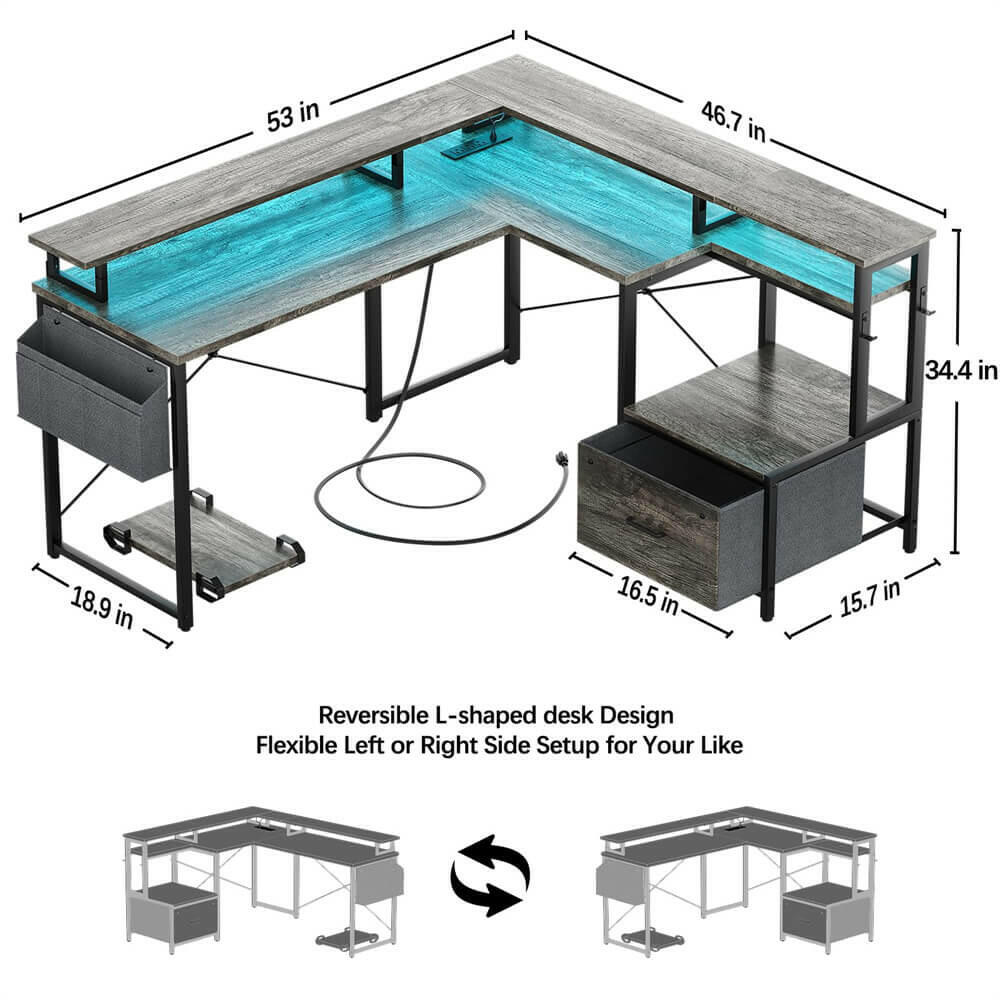 Unikito L Shaped Desk with Power Outlet and LED Strip, Reversible L Shaped Computer Desk with File Drawer, Corner Desk for Gaming Writing, Home Office Desk with Monitor Shelf