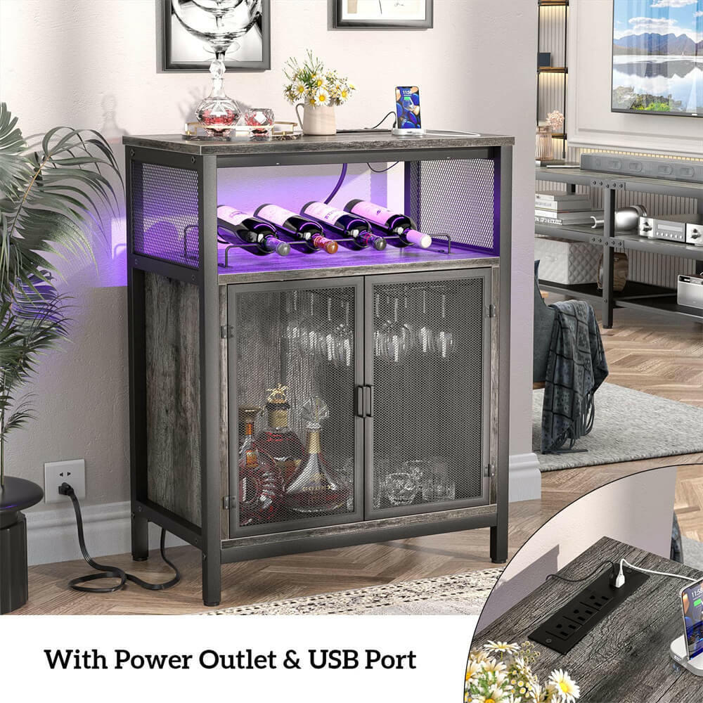 Unikito Wine Bar Cabinet with RGB Light and Outlet, FreeStanding Wine Rack Table, Liquor Cabinet with Glass Holder, Floor Bar Cabinet for Liquor and Glasses for Home Kitchen Dining Room