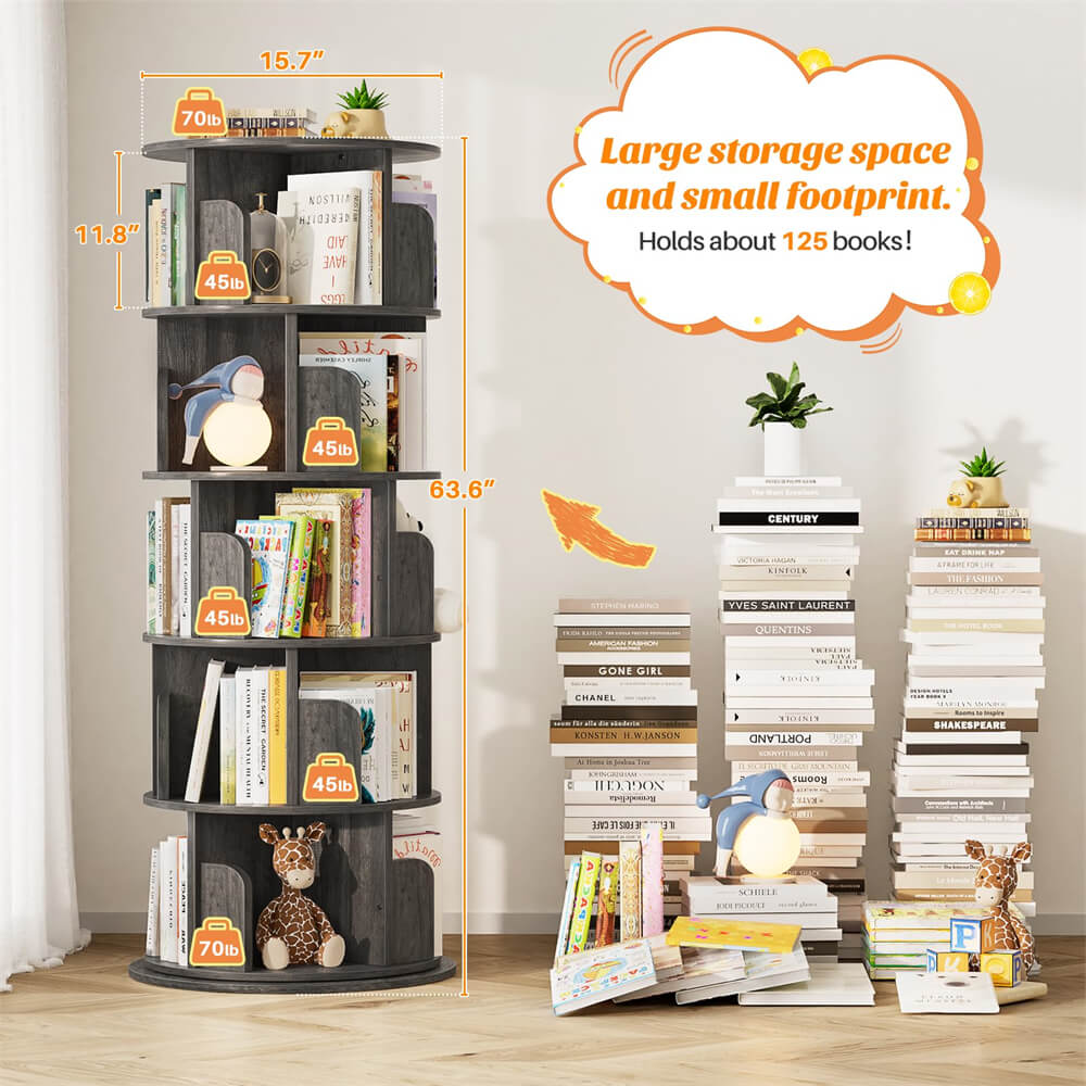 5-Tier Rotating Bookshelf, Wooden Spinning Bookshelf Tower, Suitable for Small Spaces Such as Bedroom, Stury Room