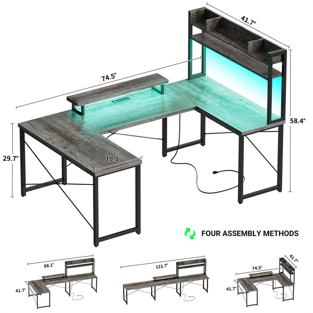 Unikito U Shaped Desk with Hutch, Reversible L Shaped Computer Desk with Power Outlets and LED Strip, Large Office Table with Monitor Stand, Large U Shape Gaming Desk