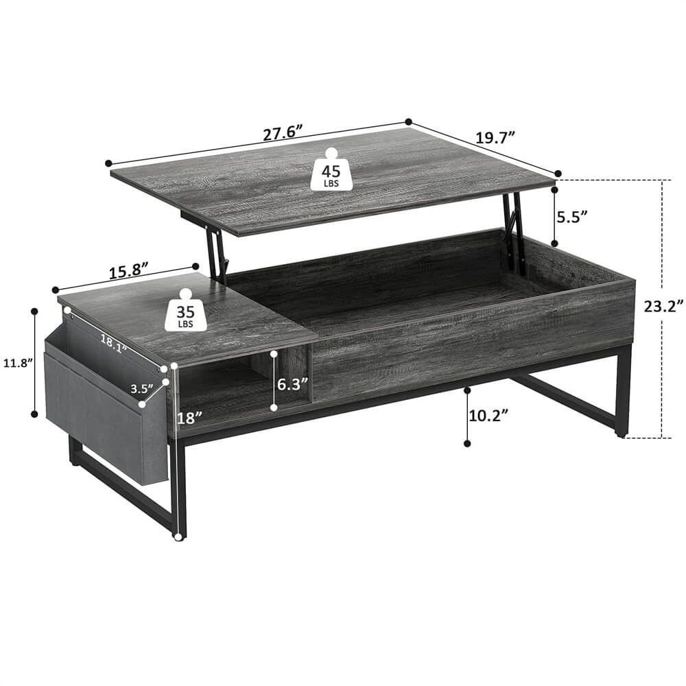 Lift Top Coffee Table with Storage, 43.3'' Height, with Side Storage Bag