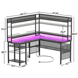 Unikito L-Shaped Desk with Power Outlet and LED Strip, 63” L Shaped Computer Corner Desk with Reversible File Drawer and Monitor Stand, Gaming Table Writing Desk for Home Office Workstation