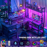 Unikito L Shaped Desk with Hutch, Gaming Desk with Led Lights, Reversible Computer Desk with Power Outlet, Corner Desk with File Drawer & Monitor Stand, Storage Shelves for Home