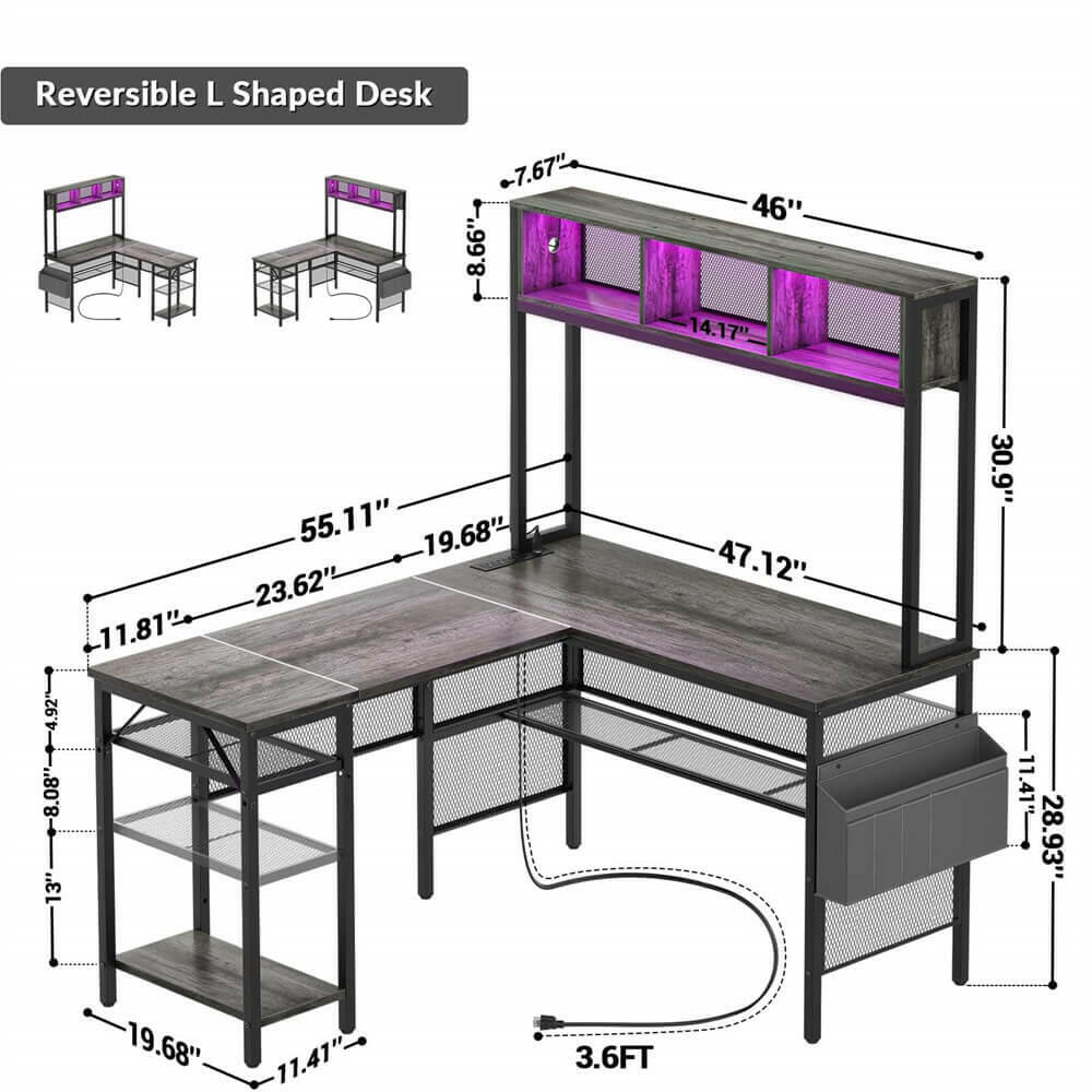 Unikito L Shaped Computer Desk with LED Strip and Power Outlets, Reversible L-Shaped Corner Desk with Storage Shelves and Bag, Industrial Home Office Desk Gaming Table with USB Port