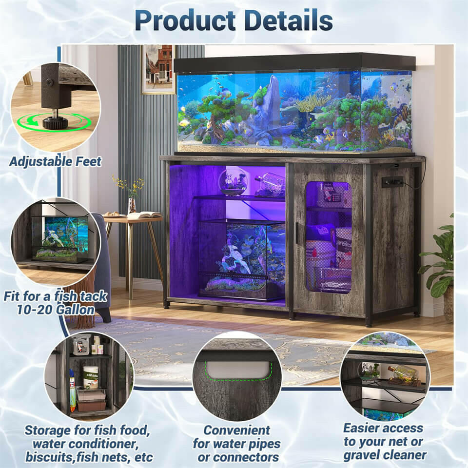 Unikito 55-75 Gallon Aquarium Stand with Power Outlets & LED Light, Reversible Fish Tank Stand with Cabinet for Fish Tank Accessories Storage, Heavy Duty Metal Frame, 880LBS Capacity