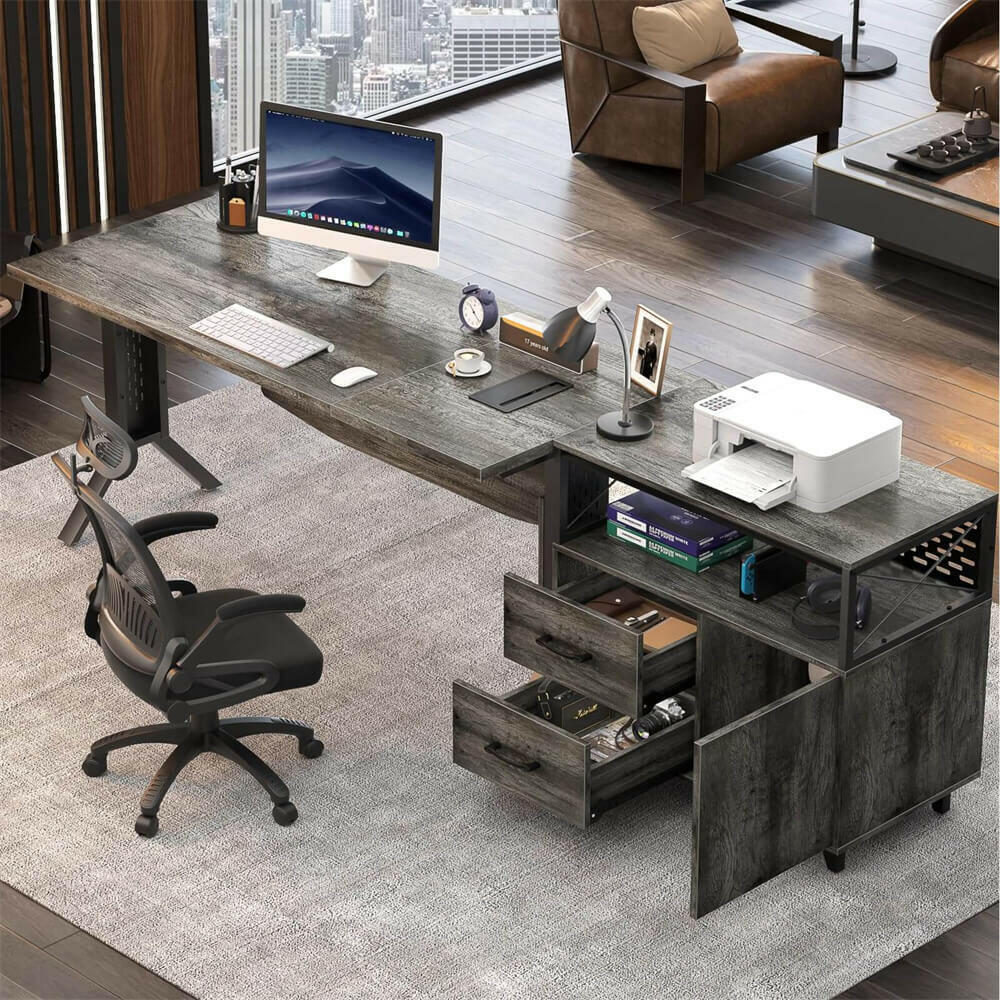 Unikito L Shaped Office Desk with Storage Cabinet and Recessed Power Strip LED Strip, 55 Inch Thickened Heavy Duty Executive Computer Desk with 2 Drawers and 1 Door Cabinet