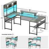 Unikito U Shaped Desk with Hutch, Reversible L Shaped Computer Desk with Power Outlets and LED Strip, Large Office Table with Monitor Stand and Storage Shelves, 83 Inch U Shape Gaming Desk