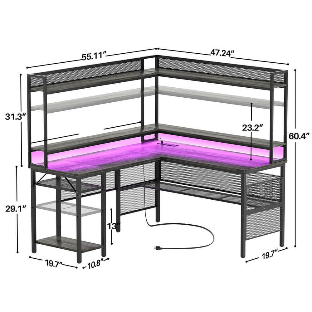 Unikito L Shaped Gaming Desk with Led Light, Reversible Computer Desk with Storage Shelves & Monitor Stand, L Shaped Desk with Power Outlet, Industrial 2 Person Corner Desk for Home Office