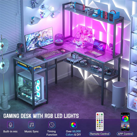 Unikito L Shaped Gaming Desk with RGB LED Strip and Power Outlets, Reversible Corner L Shaped Office Desk with Storage Shelves, Corner Desk with Hutch, Ideal Home Office Desks