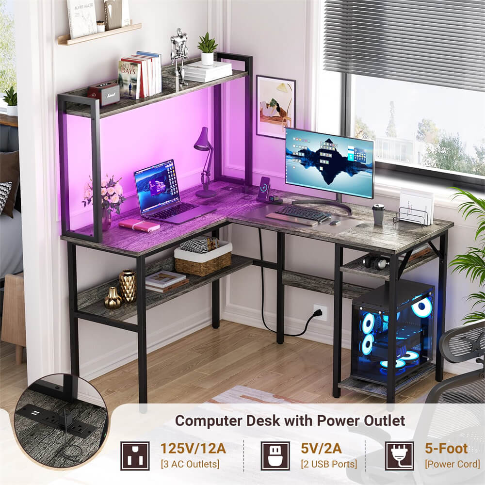 Unikito L Shaped Gaming Desk with RGB LED Strip and Power Outlets, Reversible Corner L Shaped Office Desk with Storage Shelves, Corner Desk with Hutch, Ideal Home Office Desks