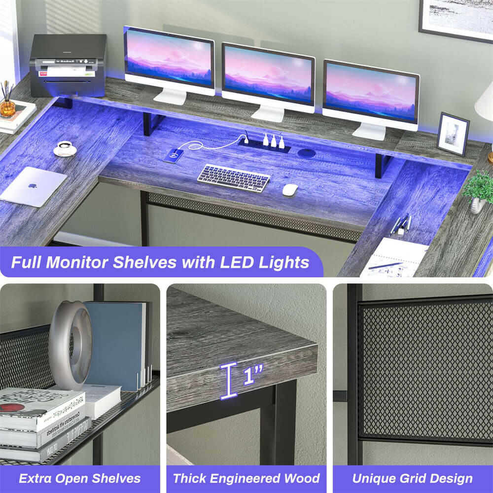 Unikito U Shaped Computer Desks, Reversible Office Desk with LED Strip and Power Outlets, L Shaped Table with Full Monitor Stand and Storage Shelves, 83 Inch Large U- Shape Gaming Desk