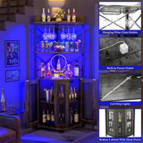 Unikito Corner Bar Cabinet with Power Outlet, Industrial Wine Cabinet with LED Strip and Glass Holder, 5-Tiers Liquor Cabinet Bar Unit for Home, Corner Display Cabinet for Small Space