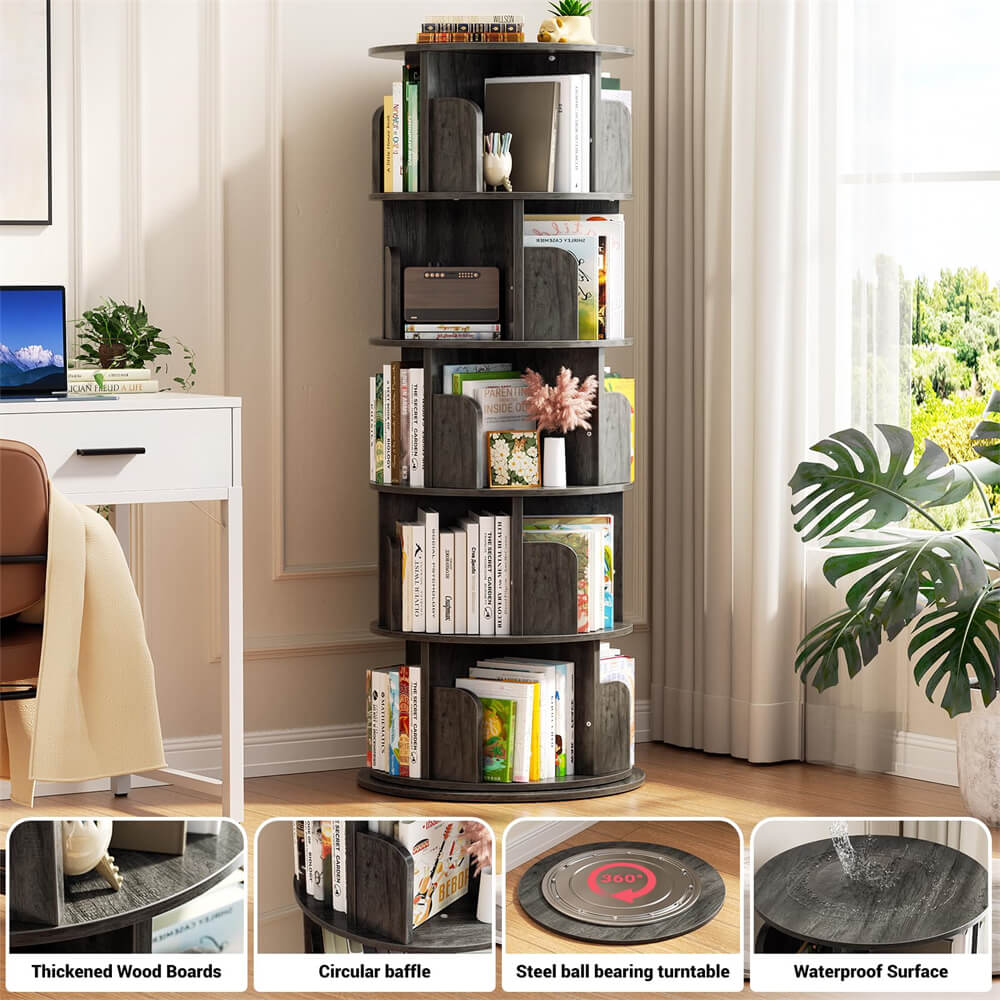 5-Tier Rotating Bookshelf, Wooden Spinning Bookshelf Tower, Suitable for Small Spaces Such as Bedroom, Stury Room