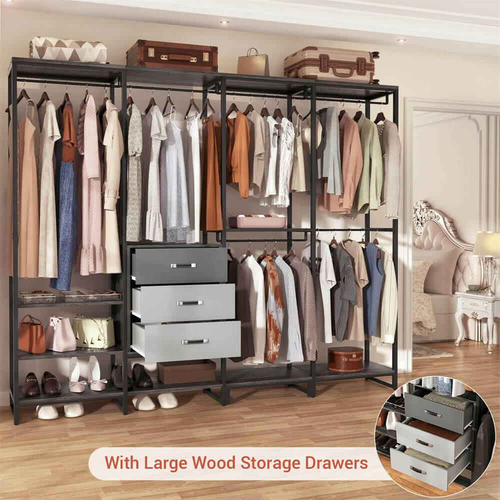 Unikito Clothes Rack Wardrobe Closet for Hanging Clothes Heavy Duty Garment Rack, Large Corner L Shaped Closet System Organizers Walk-in Closet for Bedroom with 11 Shelves, 3 Wood Drawers