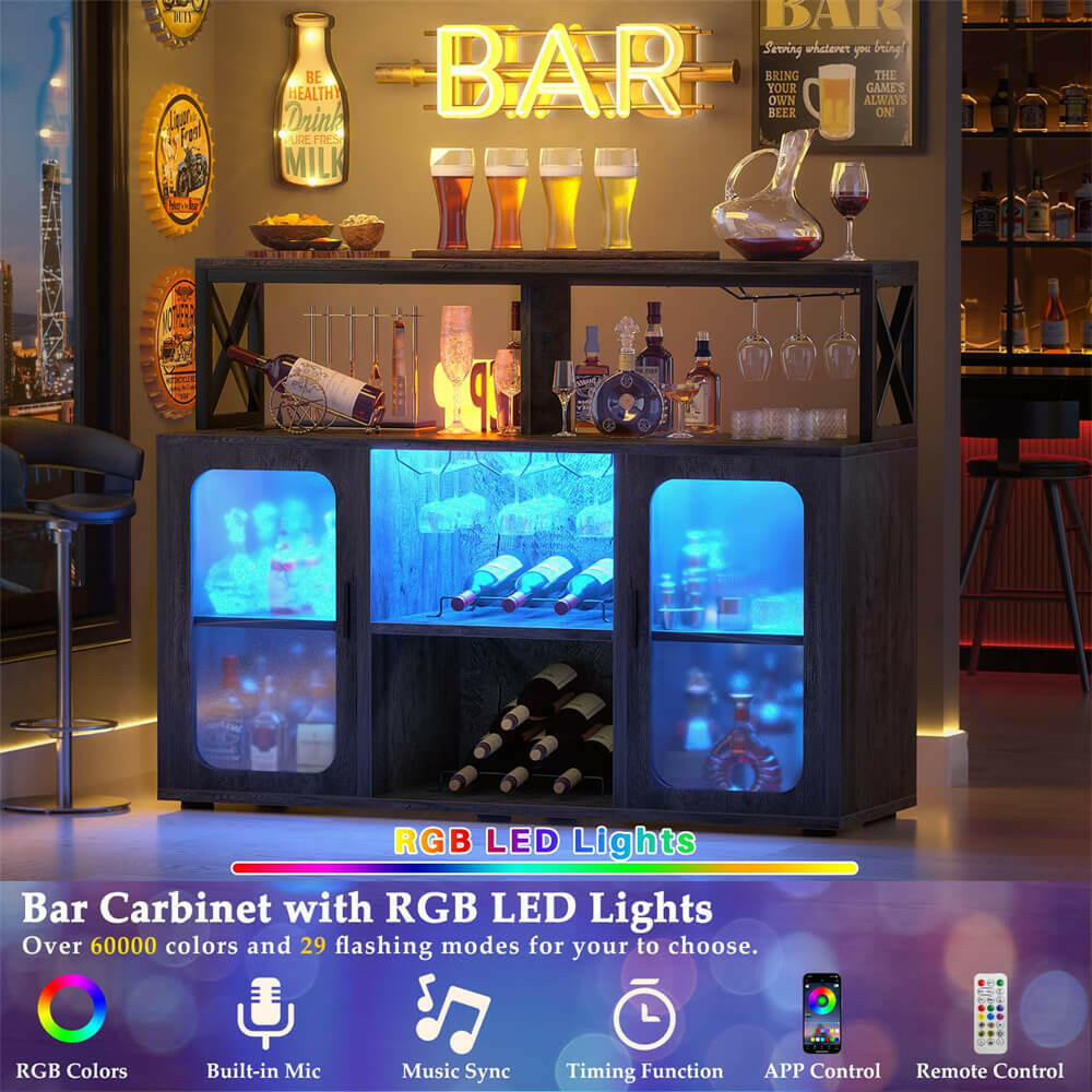 Unikito Bar Cabinet with Power Outlet, Liquor Cabinet with Led Lights and Glass Holders, Storage Buffet Cabinet Coffee Bar Cabinet for Liquor, Wine Cabinet with Racks for Home, Kitchen